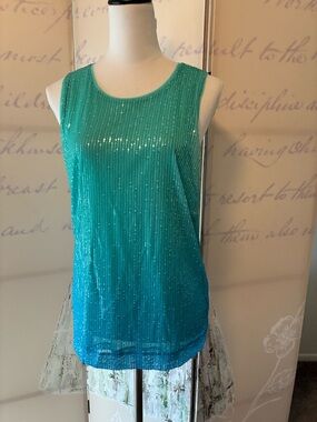 NEW Sequin Scoop Neck Tank Top - Turquoise/Blue Plus Size